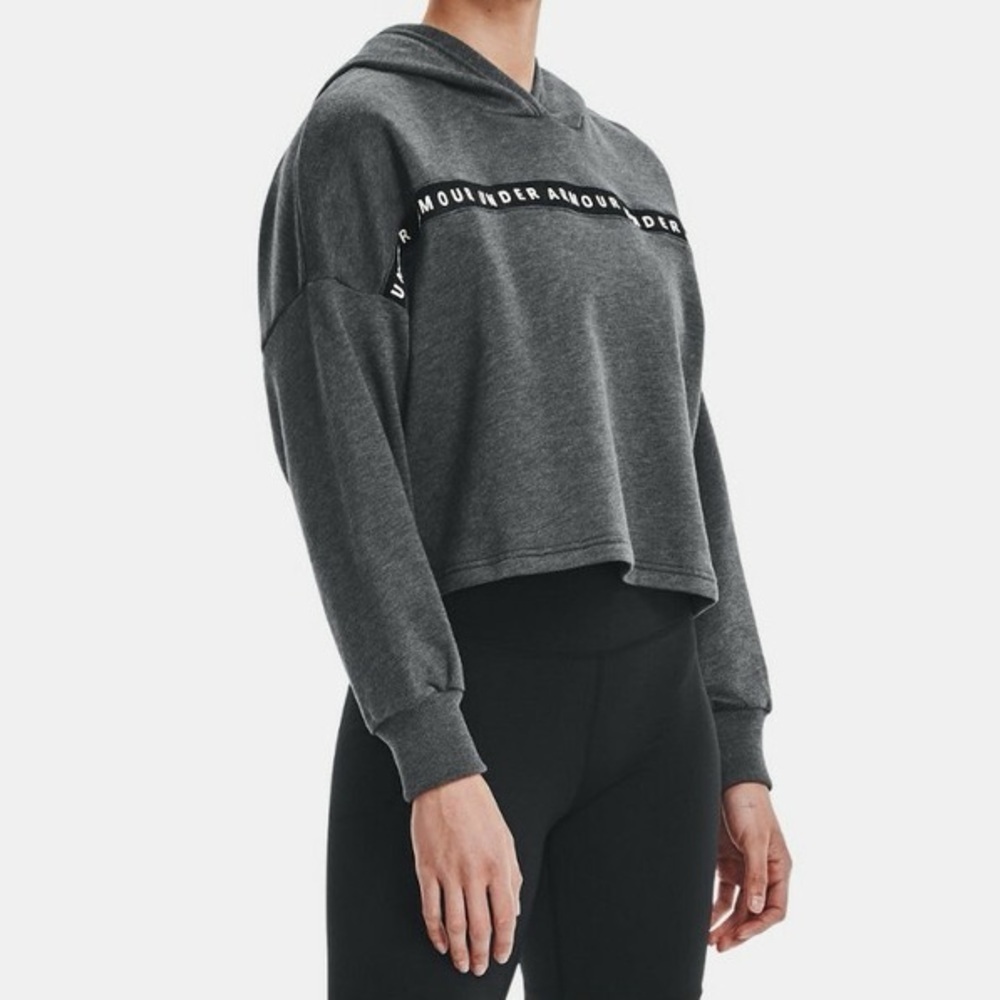 Under Armour Cropped Hoodie Dark Grey Logo Tape XS - Picture 2 of 2